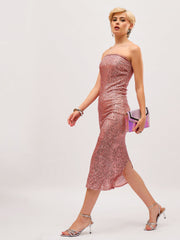 Women Peach Sequin Corset Midi Dress-SFDRSS13402
