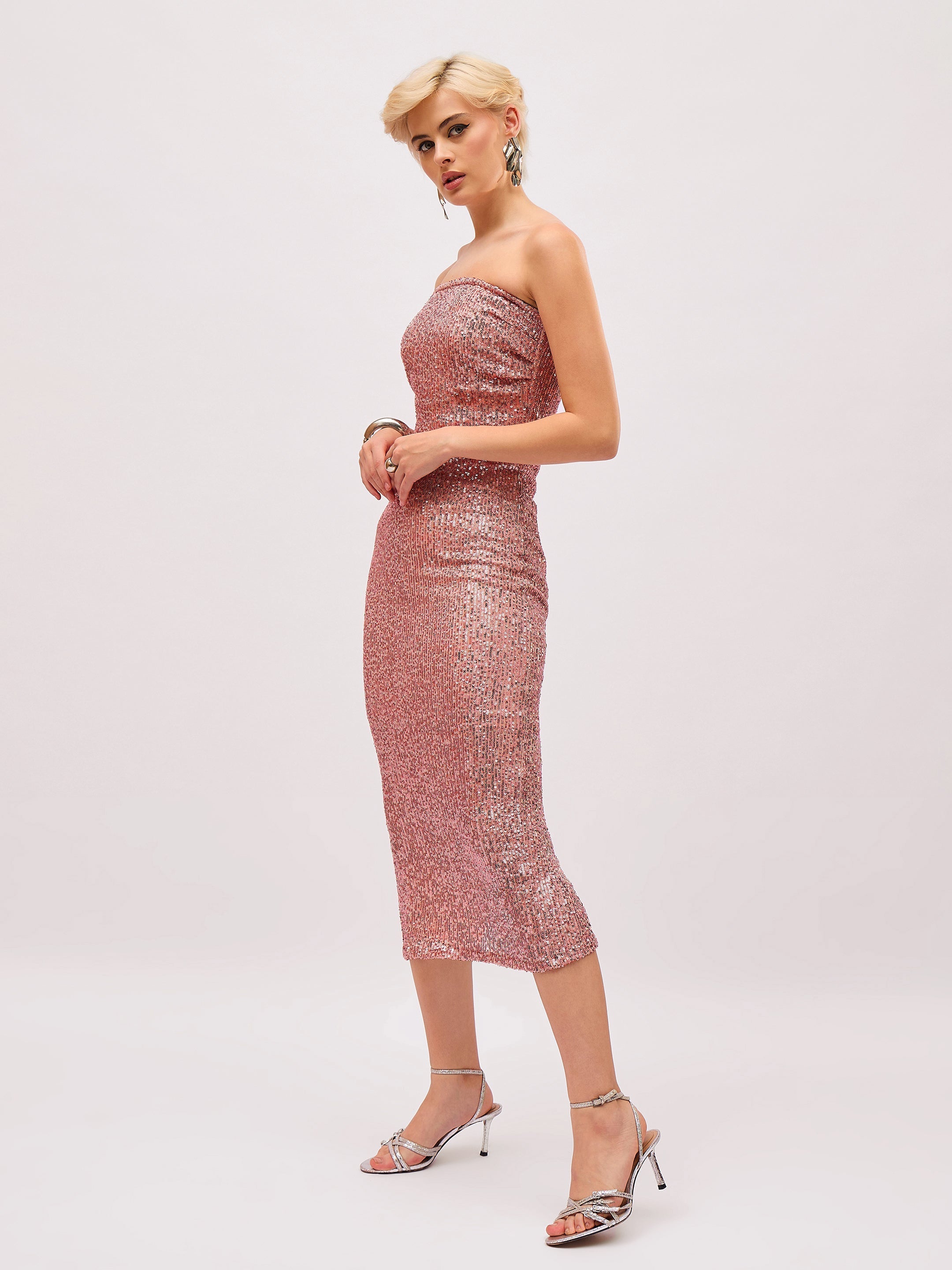 Women Peach Sequin Corset Midi Dress-SFDRSS13402