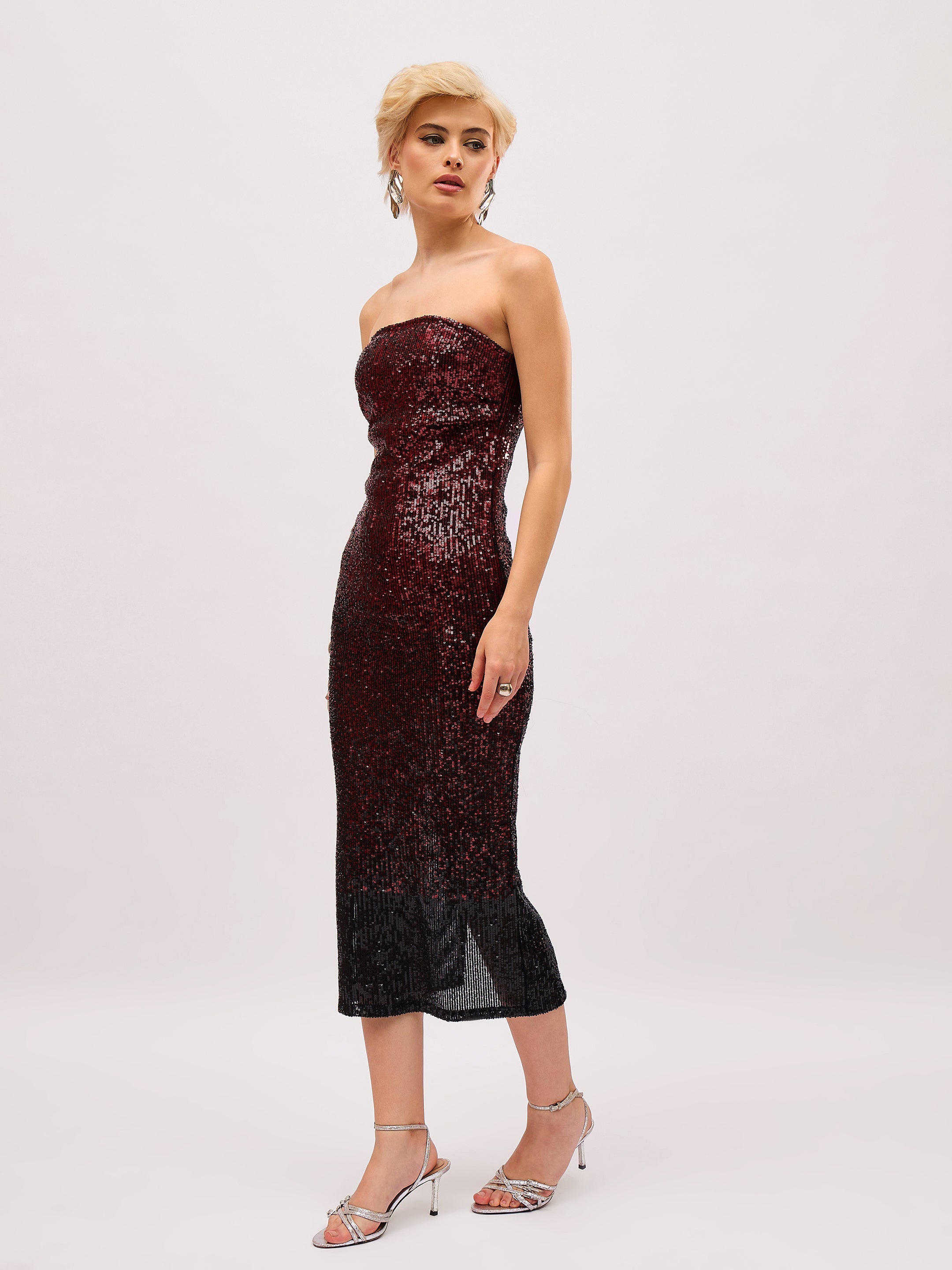 Women Maroon Ombre Sequin Corset Midi Dress-SFDRSS13403