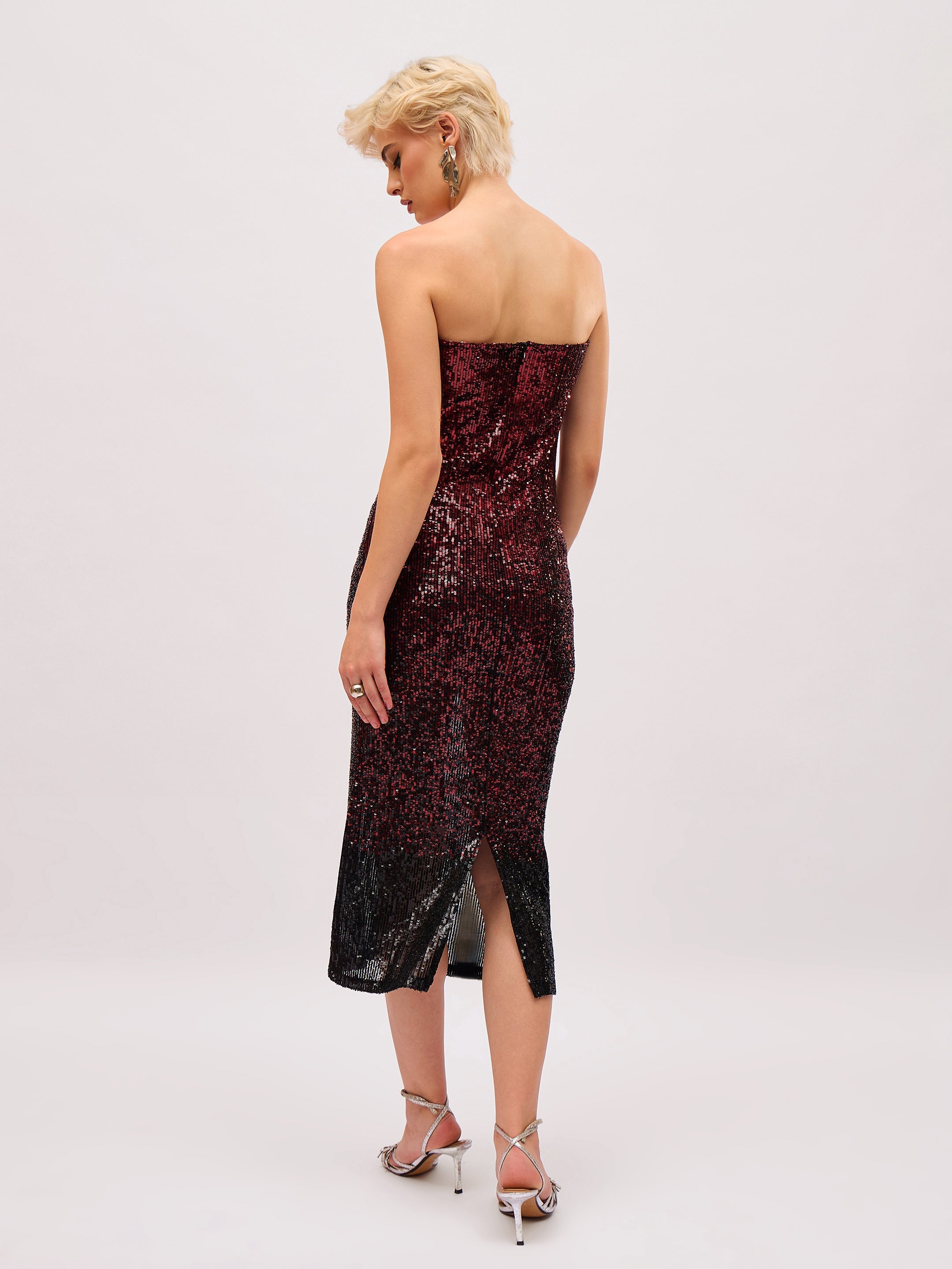 Women Maroon Ombre Sequin Corset Midi Dress-SFDRSS13403