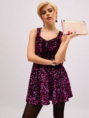 Women Fuchsia Velour Sequin Sweetheart Neck Short Dress-SFDRSS13404