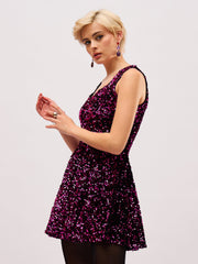 Women Fuchsia Velour Sequin Sweetheart Neck Short Dress-SFDRSS13404