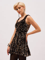 Women Gold Velour Sequin Sweetheart Neck Short Dress-SFDRSS13405