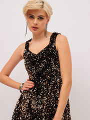 Women Gold Velour Sequin Sweetheart Neck Short Dress-SFDRSS13405
