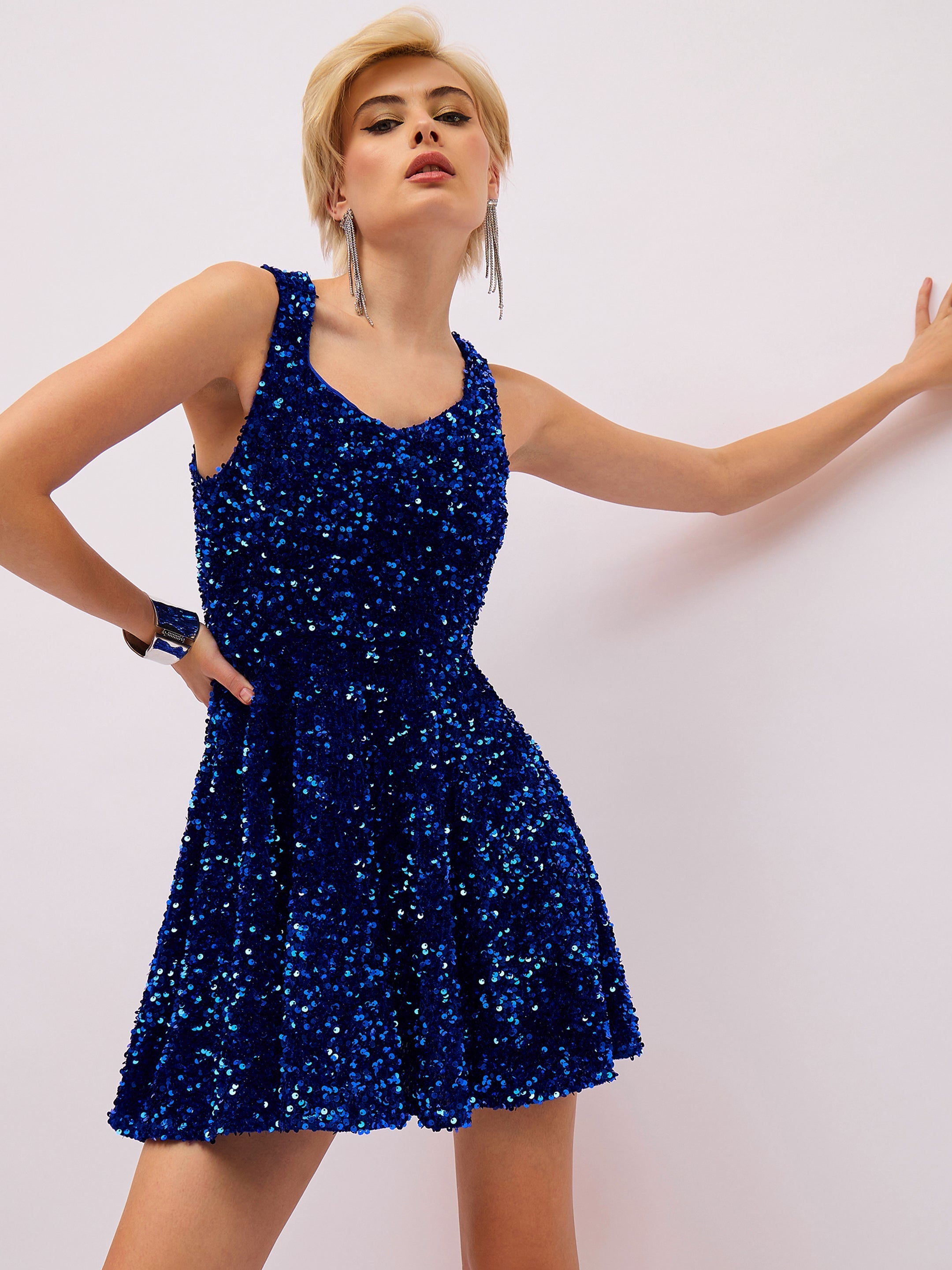 Women Royal Blue Velour Sequin Sweetheart Neck Short Dress-SFDRSS13406