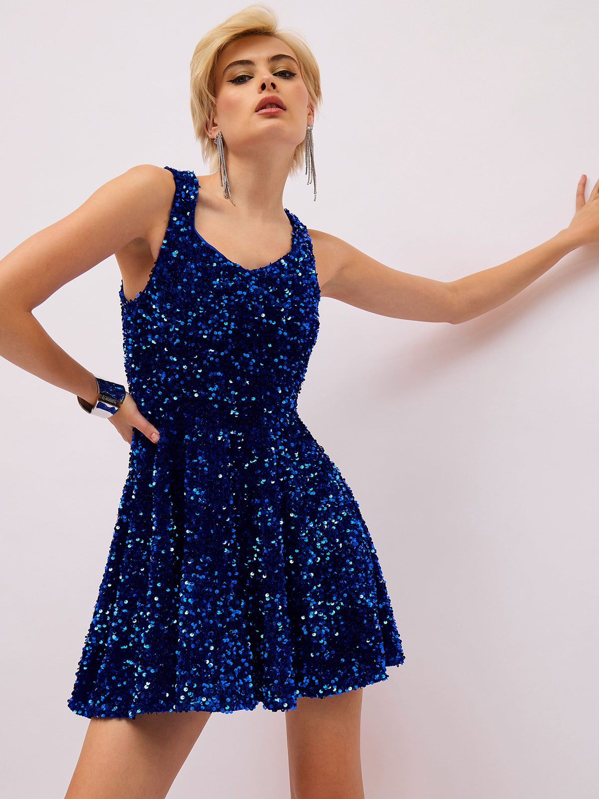 Women Royal Blue Velour Sequin Sweetheart Neck Short Dress-SFDRSS13406