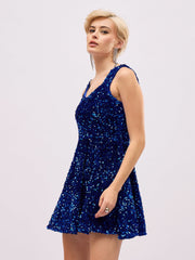 Women Royal Blue Velour Sequin Sweetheart Neck Short Dress-SFDRSS13406