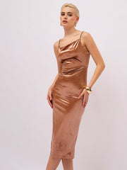 Women Beige Gold Velvet Cowl Neck Bodycon Dress-SFDRSS13407