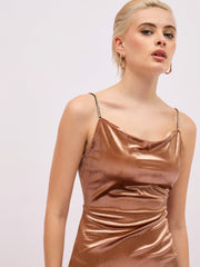 Women Beige Gold Velvet Cowl Neck Bodycon Dress-SFDRSS13407