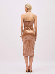 Women Beige Gold Velvet Cowl Neck Bodycon Dress-SFDRSS13407