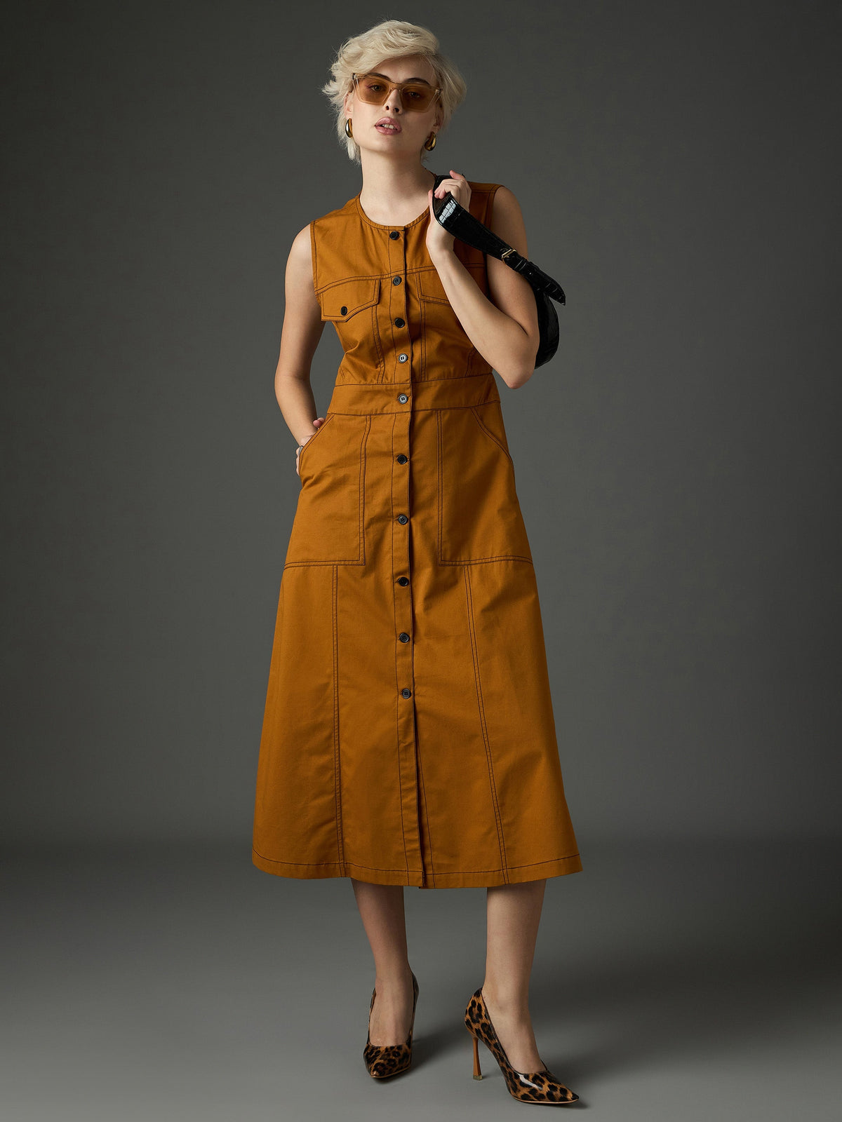 Women Tan Twill Waist Cut-Out Midi Dress-SFDRSS13410