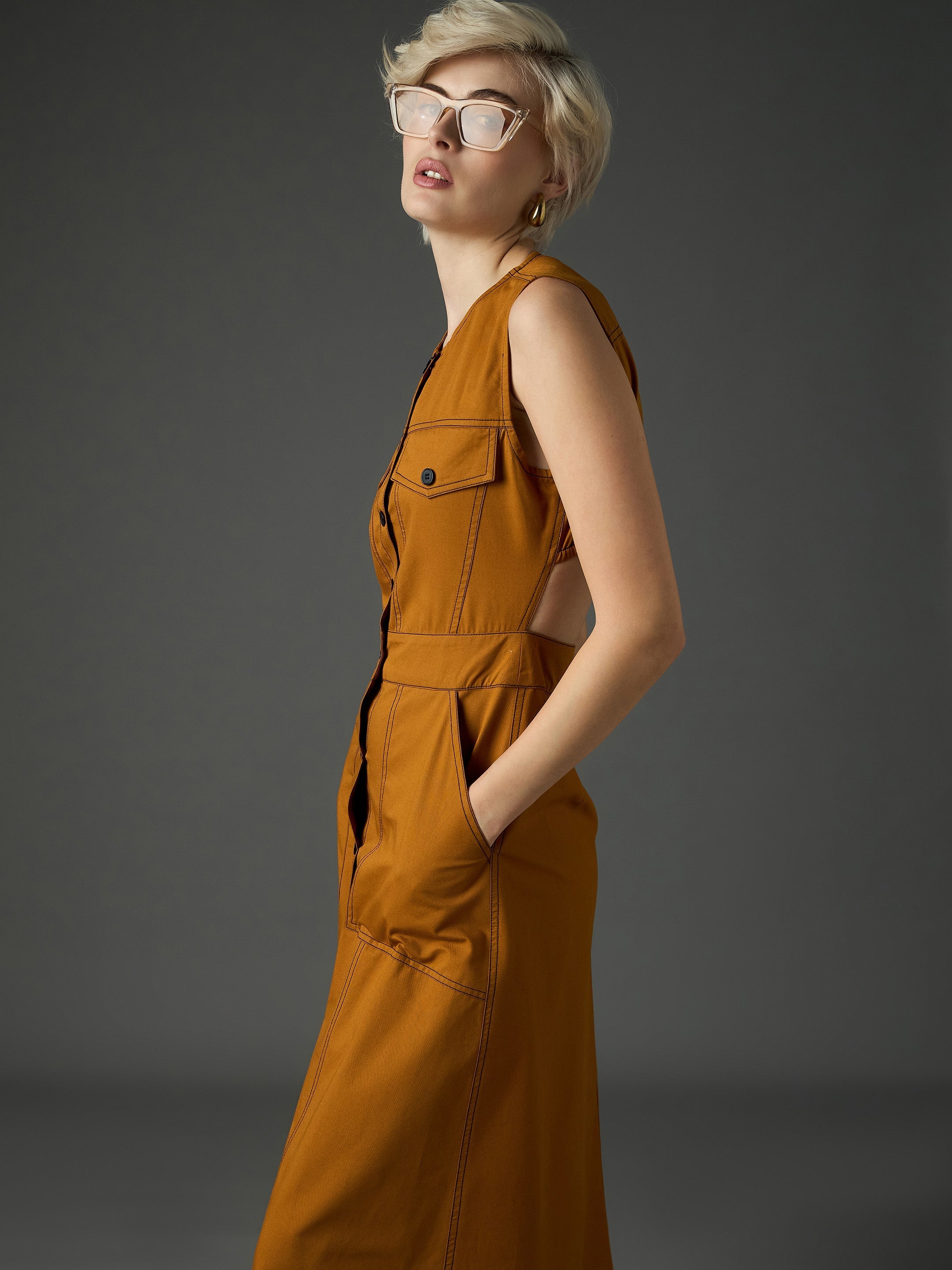 Women Tan Twill Waist Cut-Out Midi Dress-SFDRSS13410