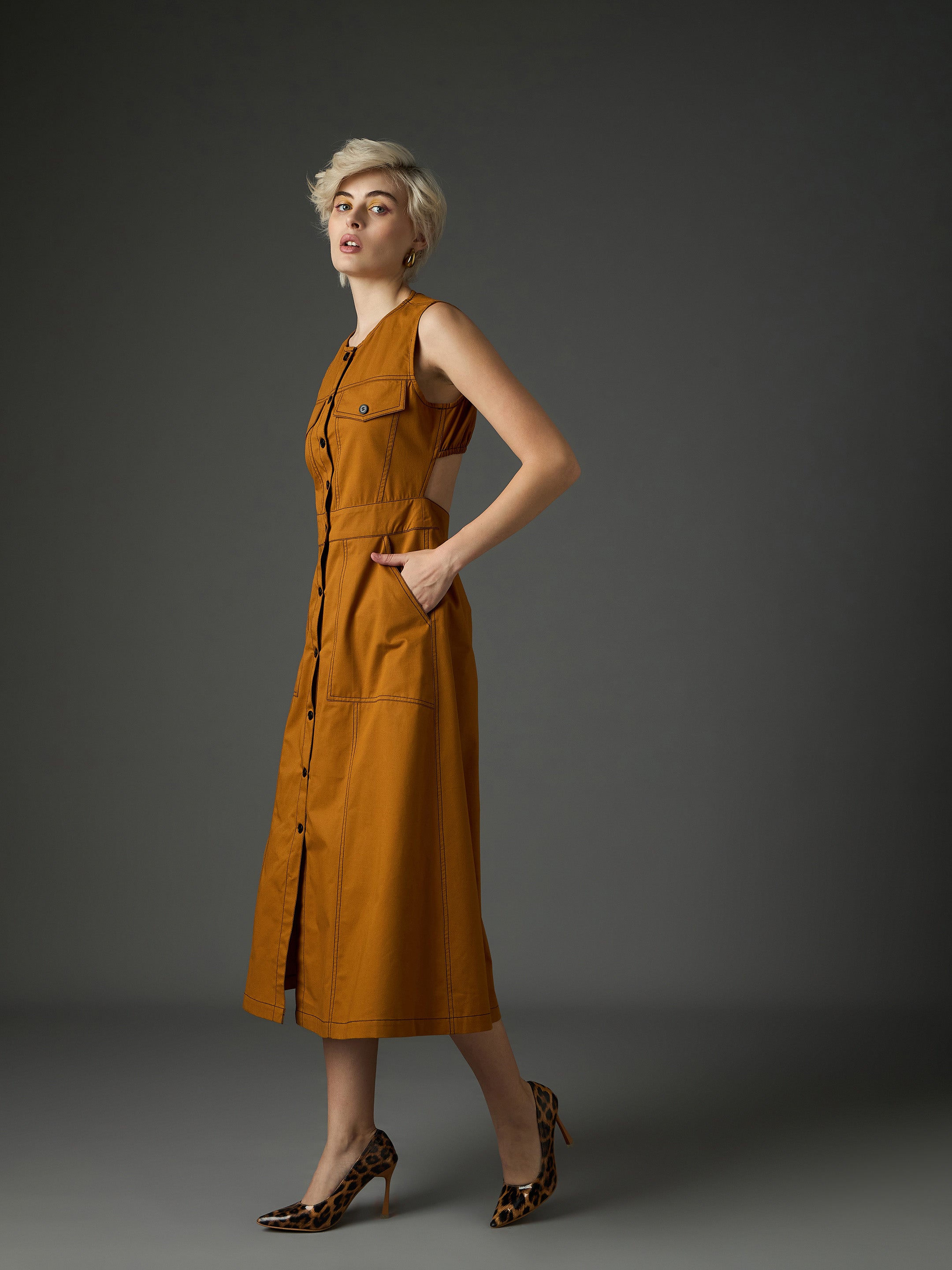 Women Tan Twill Waist Cut-Out Midi Dress-SFDRSS13410