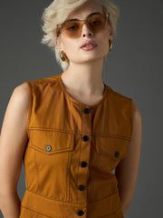 Women Tan Twill Waist Cut-Out Midi Dress-SFDRSS13410