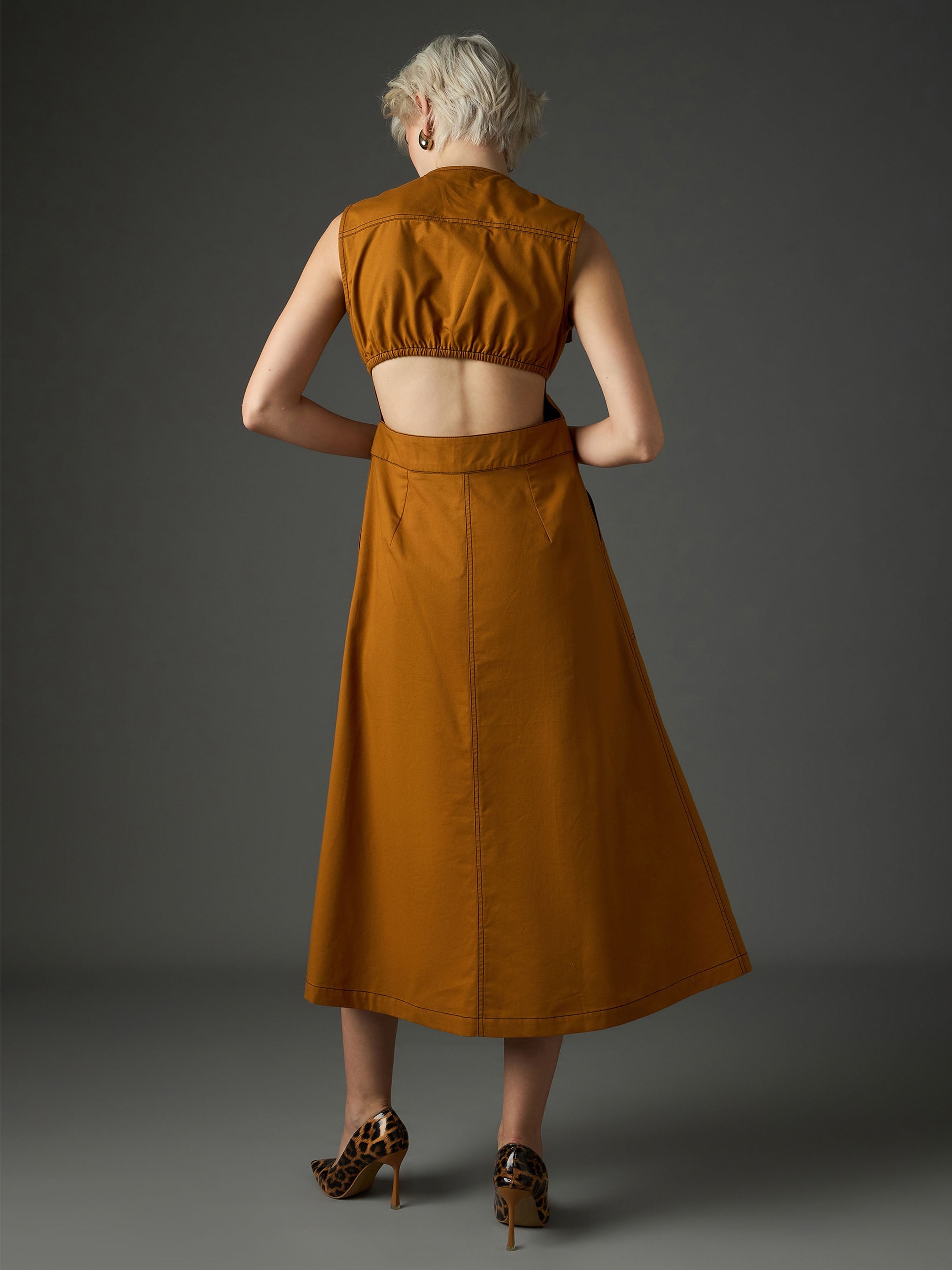 Women Tan Twill Waist Cut-Out Midi Dress-SFDRSS13410