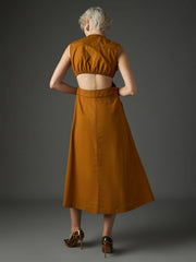 Women Tan Twill Waist Cut-Out Midi Dress-SFDRSS13410
