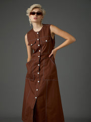 Women Brown Twill Waist Cut-Out Midi Dress-SFDRSS13411