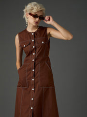 Women Brown Twill Waist Cut-Out Midi Dress-SFDRSS13411