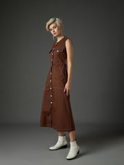 Women Brown Twill Waist Cut-Out Midi Dress-SFDRSS13411