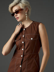 Women Brown Twill Waist Cut-Out Midi Dress-SFDRSS13411