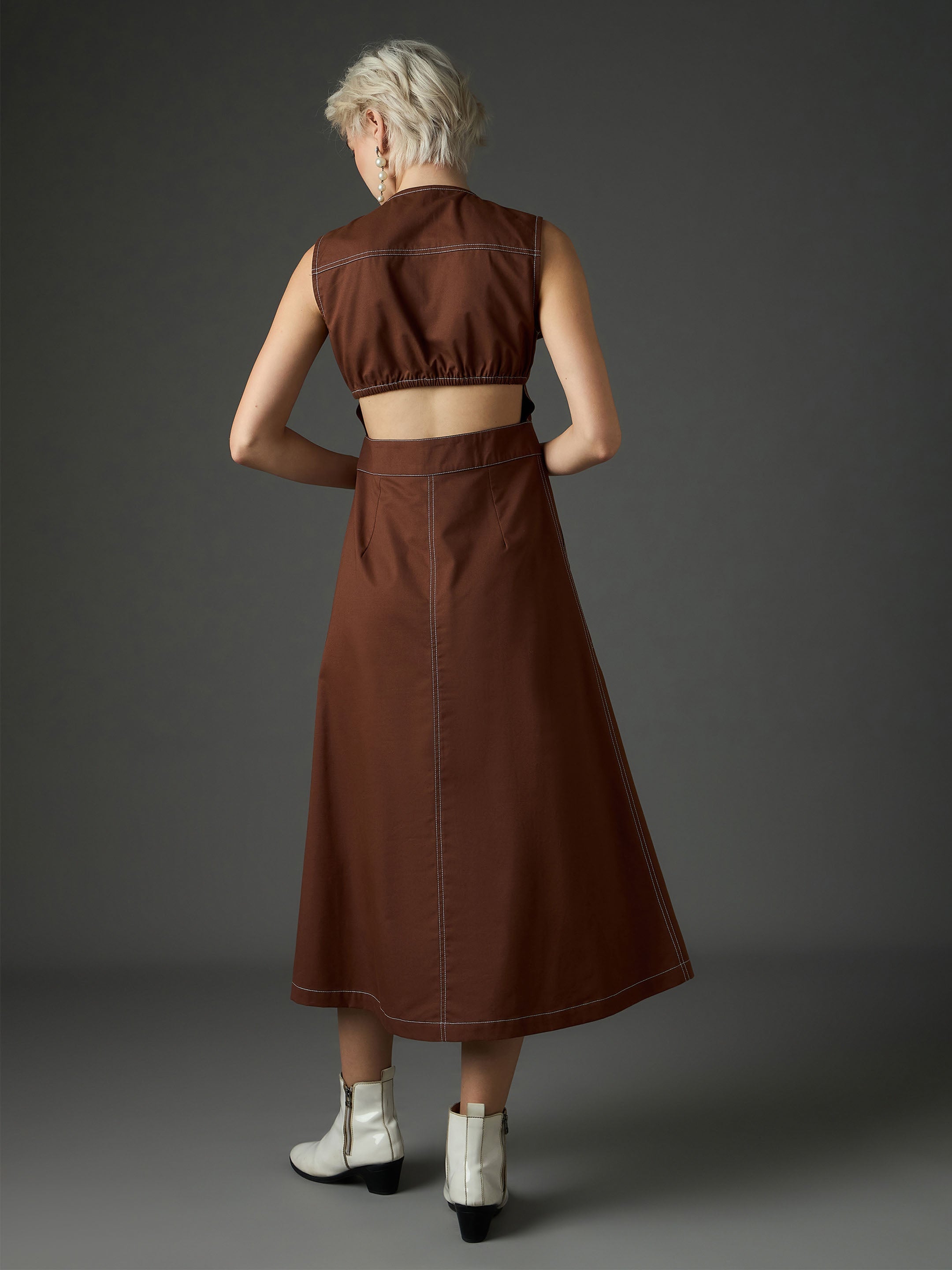 Women Brown Twill Waist Cut-Out Midi Dress-SFDRSS13411