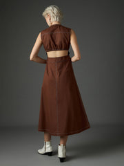 Women Brown Twill Waist Cut-Out Midi Dress-SFDRSS13411