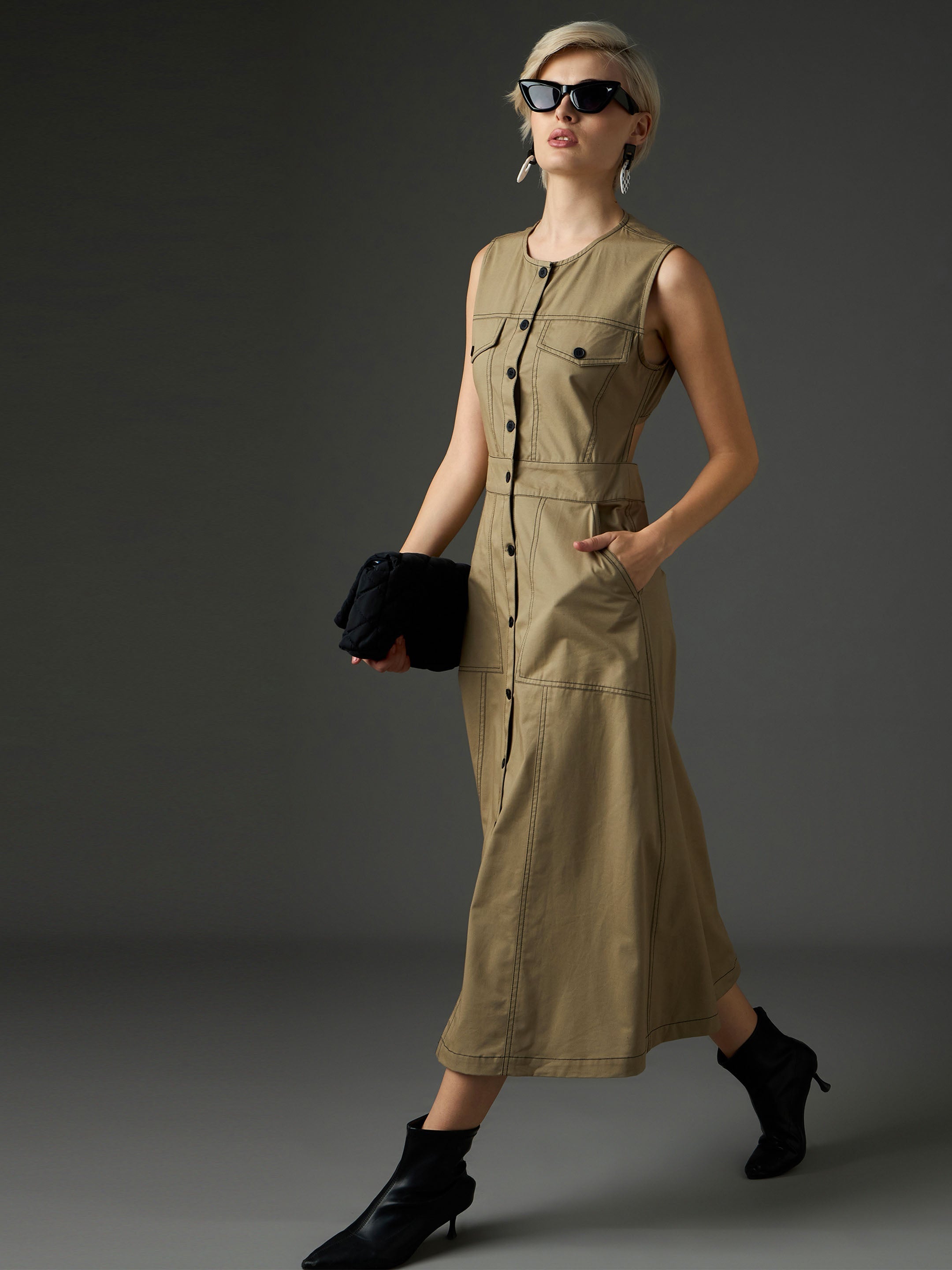 Women Pastel Olive Twill Waist Cut-Out Midi Dress-SFDRSS13412
