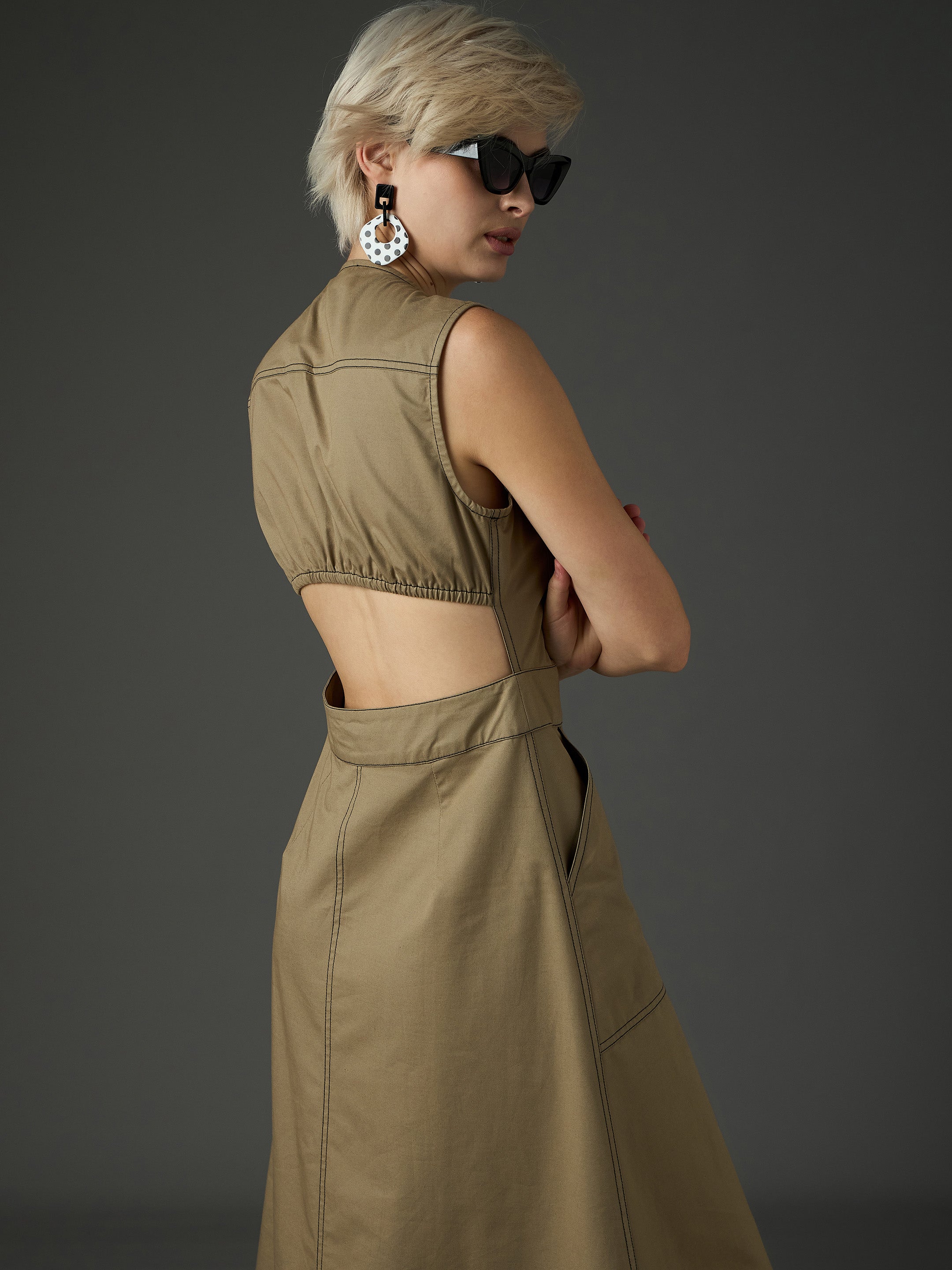 Women Pastel Olive Twill Waist Cut-Out Midi Dress-SFDRSS13412
