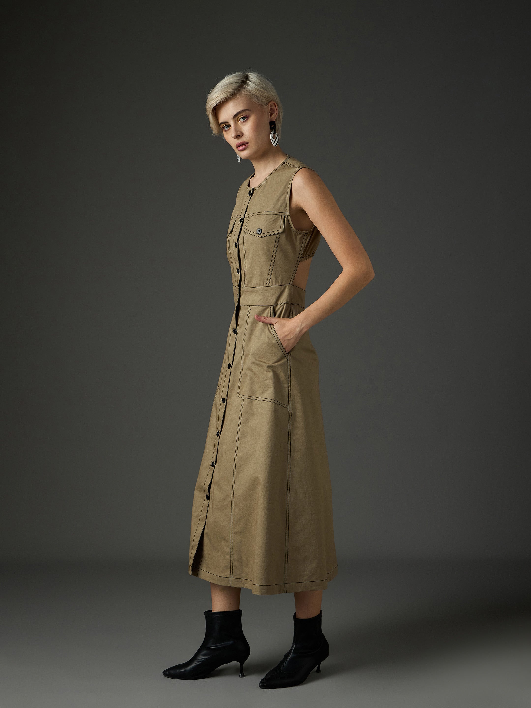 Women Pastel Olive Twill Waist Cut-Out Midi Dress-SFDRSS13412