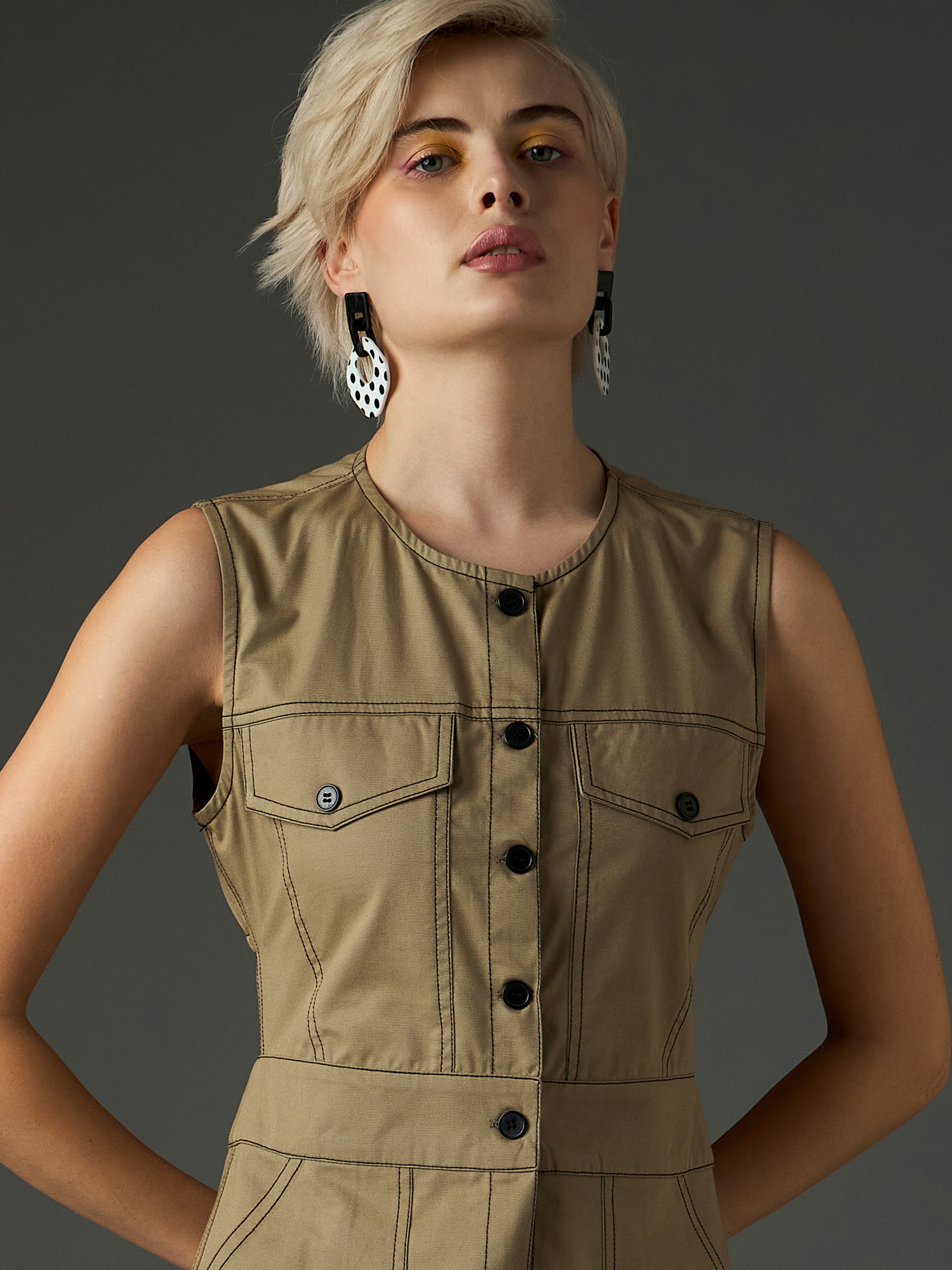 Women Pastel Olive Twill Waist Cut-Out Midi Dress-SFDRSS13412