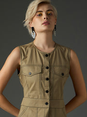 Women Pastel Olive Twill Waist Cut-Out Midi Dress-SFDRSS13412