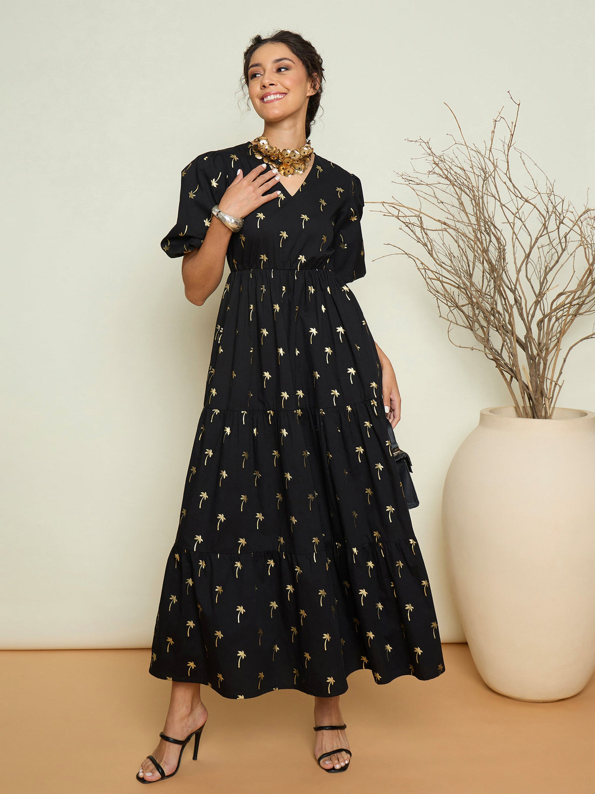 Women Black Foil Print Puff Sleeves Tiered Maxi Dress-SFDRSS13413
