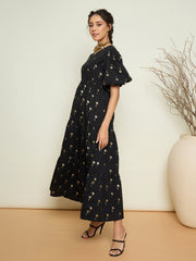 Women Black Foil Print Puff Sleeves Tiered Maxi Dress-SFDRSS13413