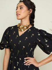 Women Black Foil Print Puff Sleeves Tiered Maxi Dress-SFDRSS13413