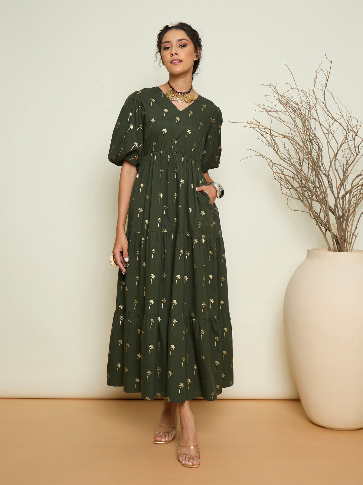 Women Olive Foil Print Puff Sleeves Tiered Maxi Dress-SFDRSS13414