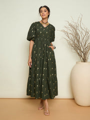 Women Olive Foil Print Puff Sleeves Tiered Maxi Dress-SFDRSS13414