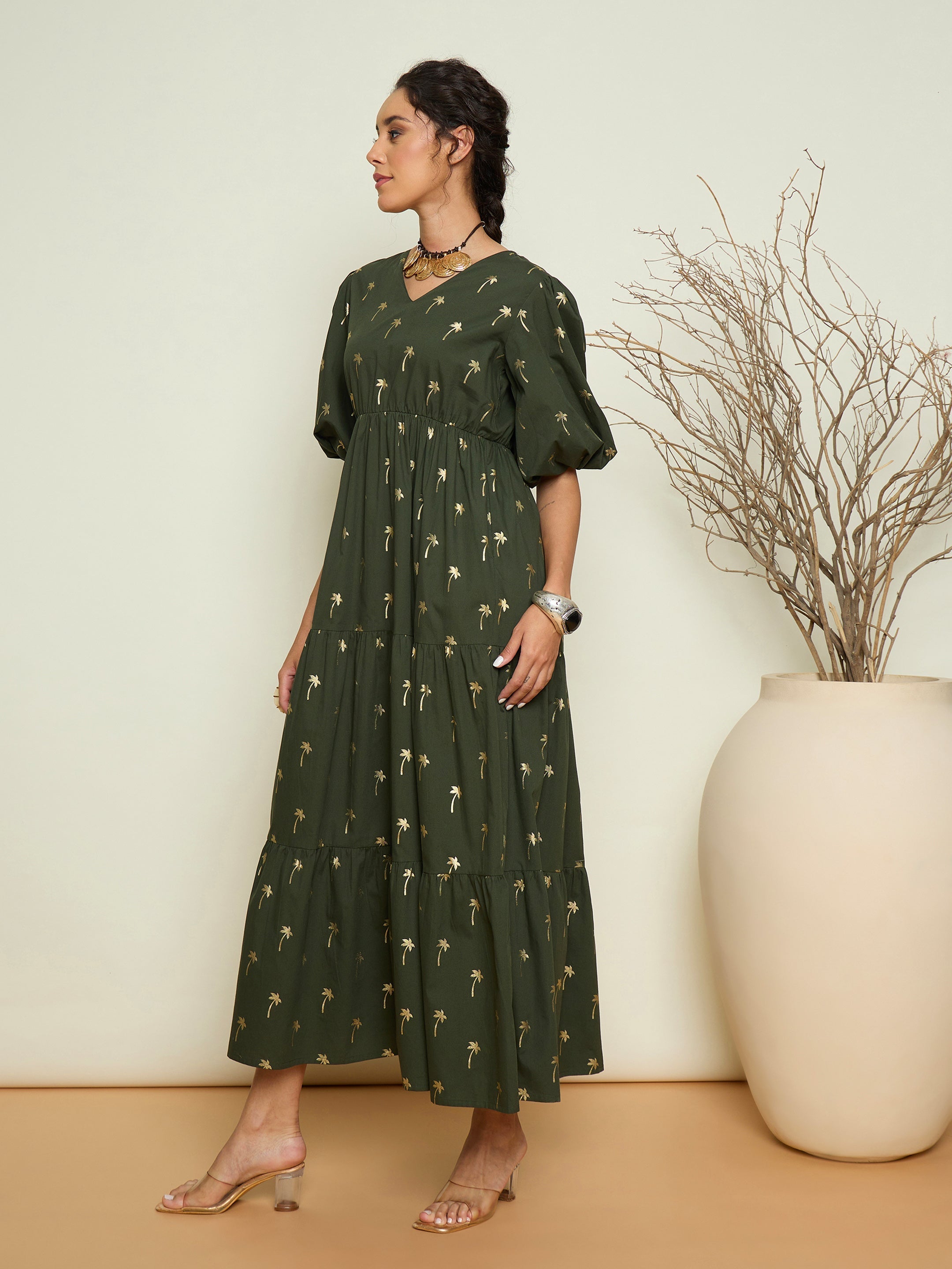 Women Olive Foil Print Puff Sleeves Tiered Maxi Dress-SFDRSS13414