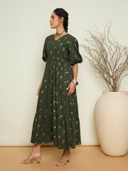 Women Olive Foil Print Puff Sleeves Tiered Maxi Dress-SFDRSS13414