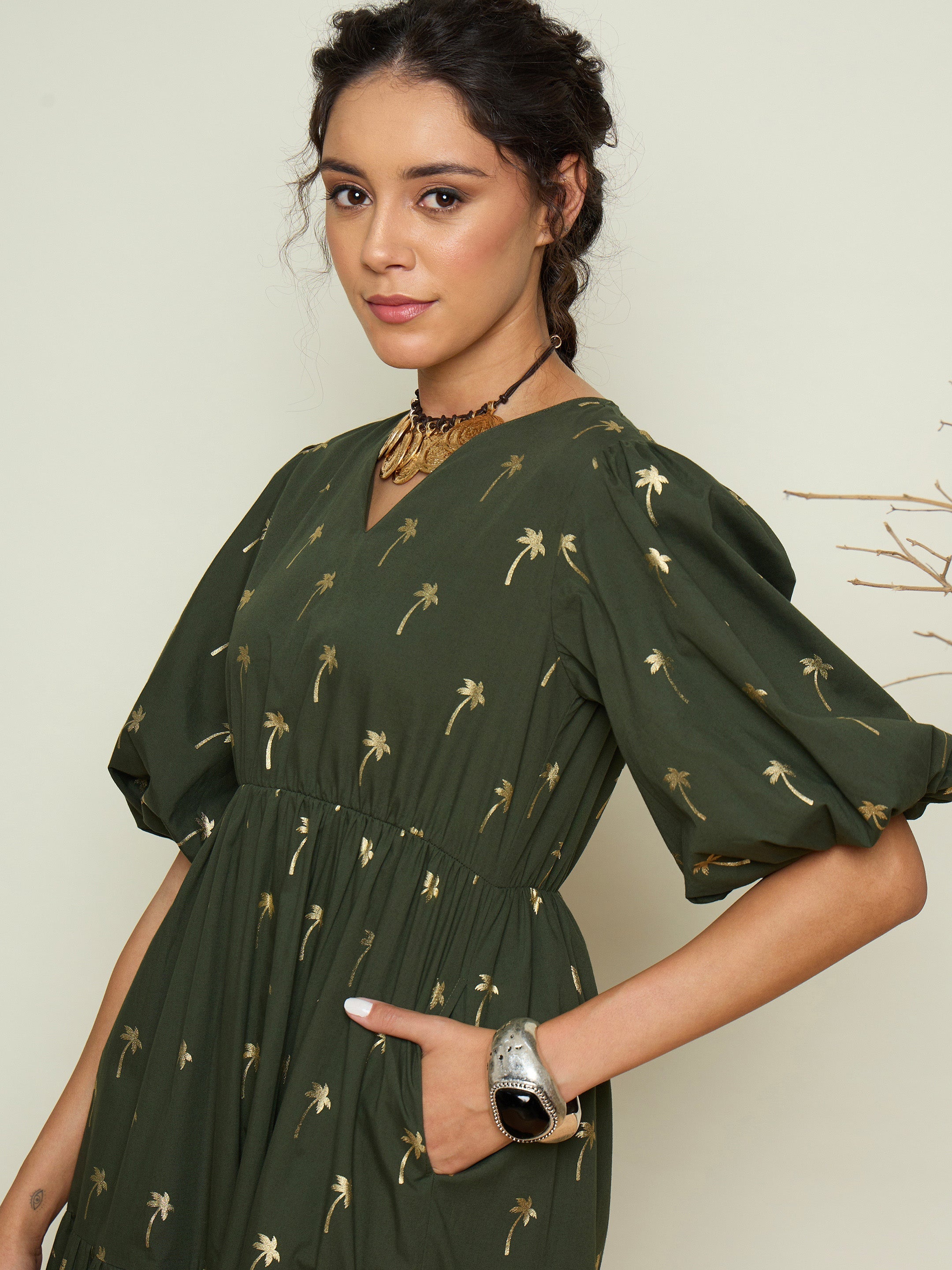 Women Olive Foil Print Puff Sleeves Tiered Maxi Dress-SFDRSS13414