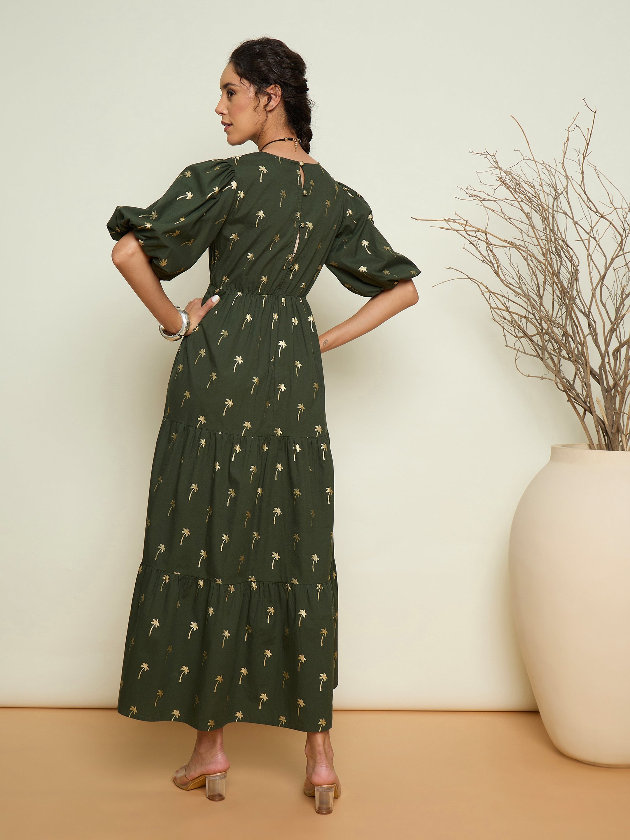 Women Olive Foil Print Puff Sleeves Tiered Maxi Dress-SFDRSS13414