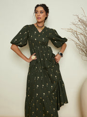 Women Olive Foil Print Puff Sleeves Tiered Maxi Dress-SFDRSS13414