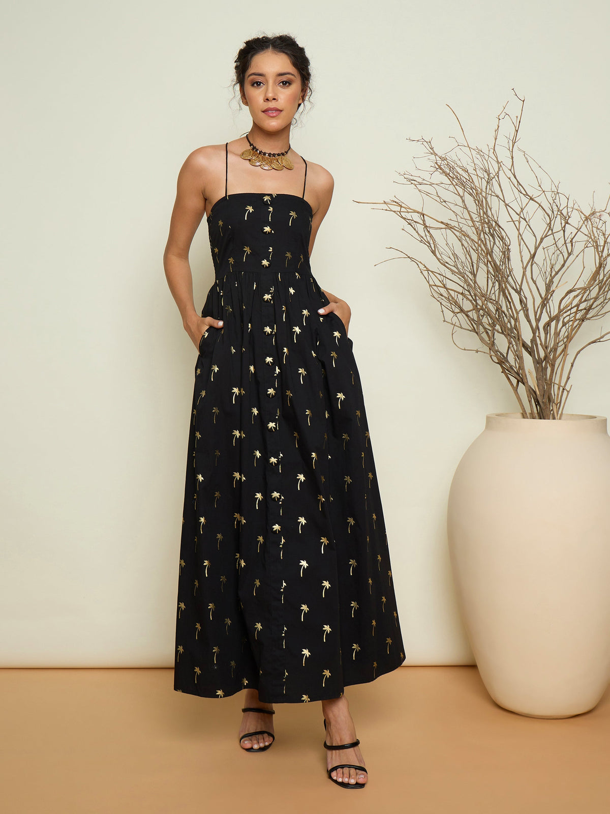 Women Black Foil Print Strappy Front Button Maxi Dress-SFDRSS13415