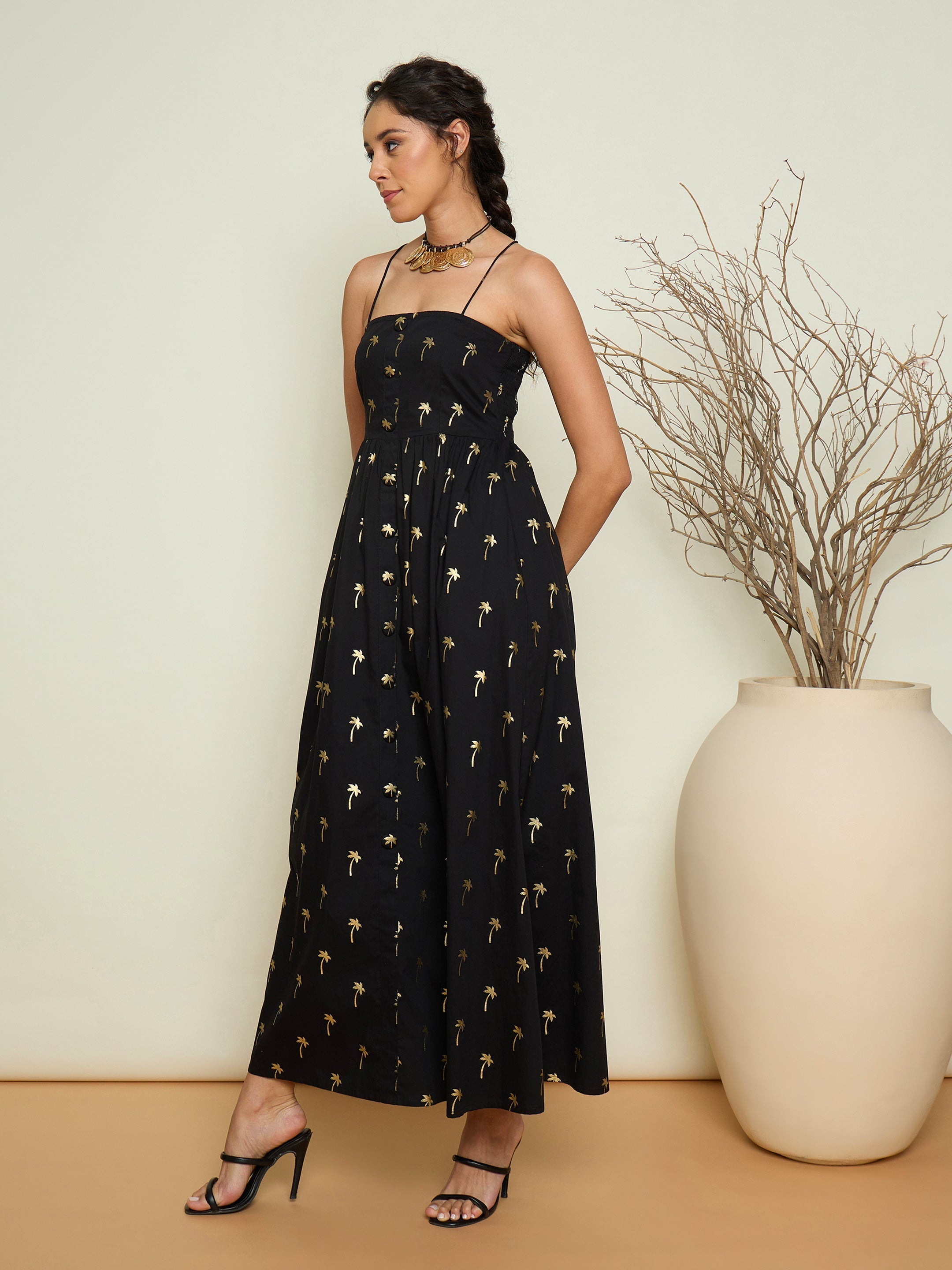Women Black Foil Print Strappy Front Button Maxi Dress-SFDRSS13415