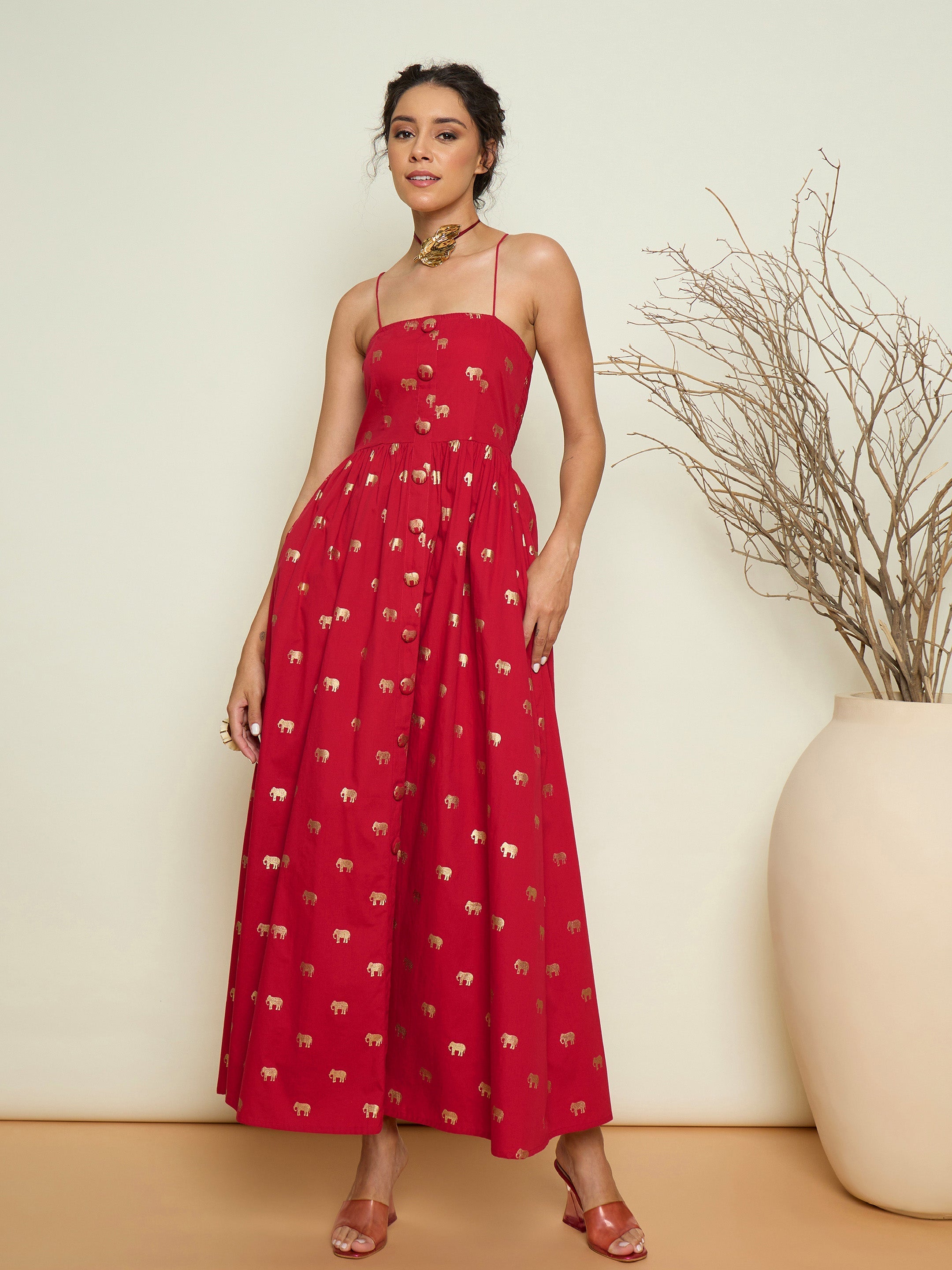 Women Fuchsia Foil Print Strappy Front Button Maxi Dress-SFDRSS13416