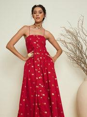 Women Fuchsia Foil Print Strappy Front Button Maxi Dress-SFDRSS13416