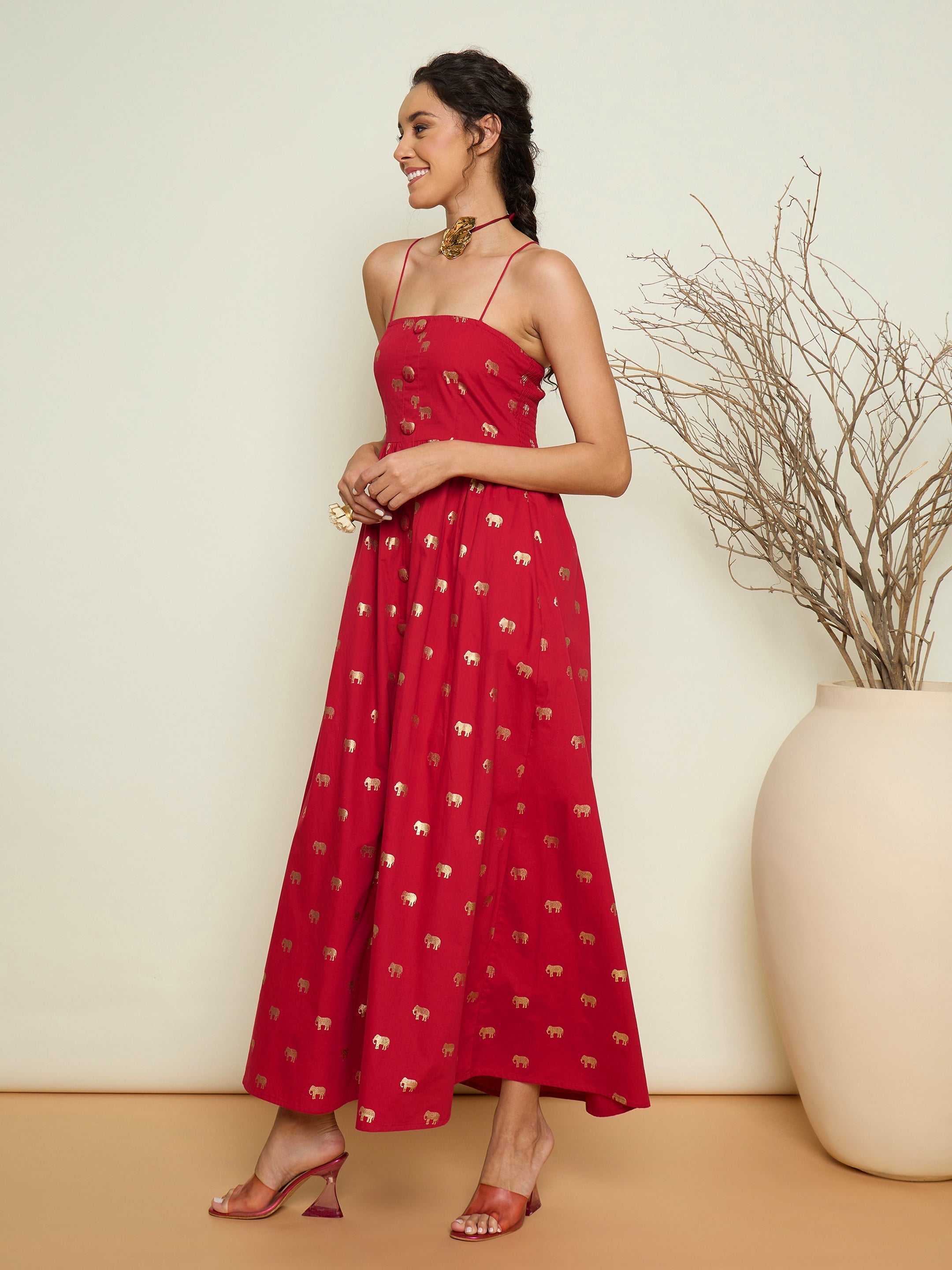 Women Fuchsia Foil Print Strappy Front Button Maxi Dress-SFDRSS13416