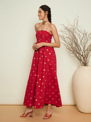 Women Fuchsia Foil Print Strappy Front Button Maxi Dress-SFDRSS13416