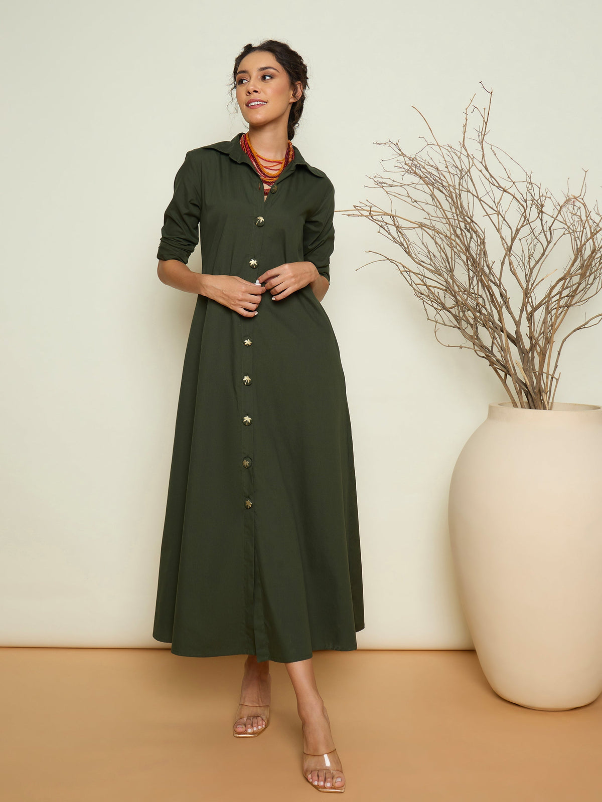 Women Olive Foil Print Longline Shirt Dress-SFDRSS13417
