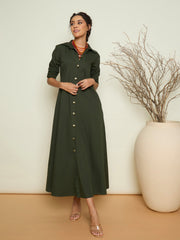 Women Olive Foil Print Longline Shirt Dress-SFDRSS13417