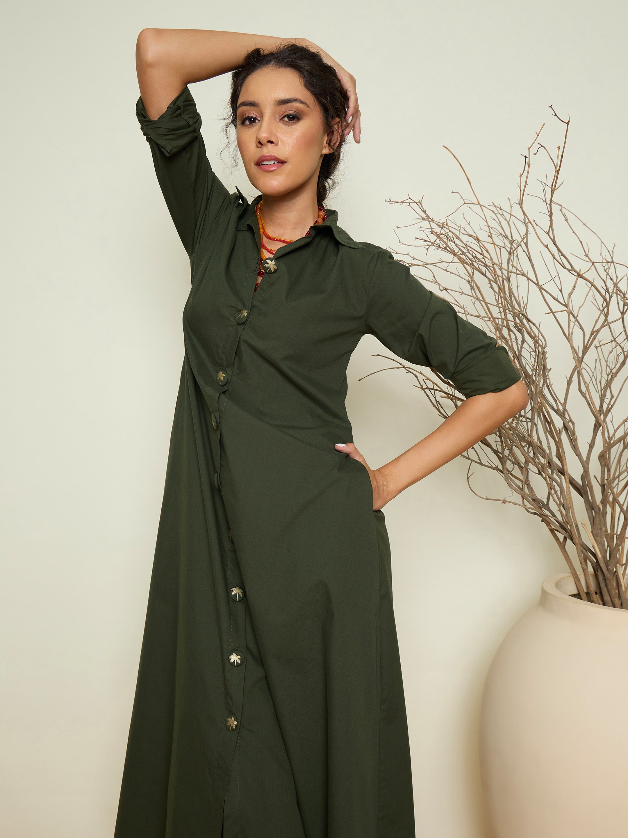 Women Olive Foil Print Longline Shirt Dress-SFDRSS13417
